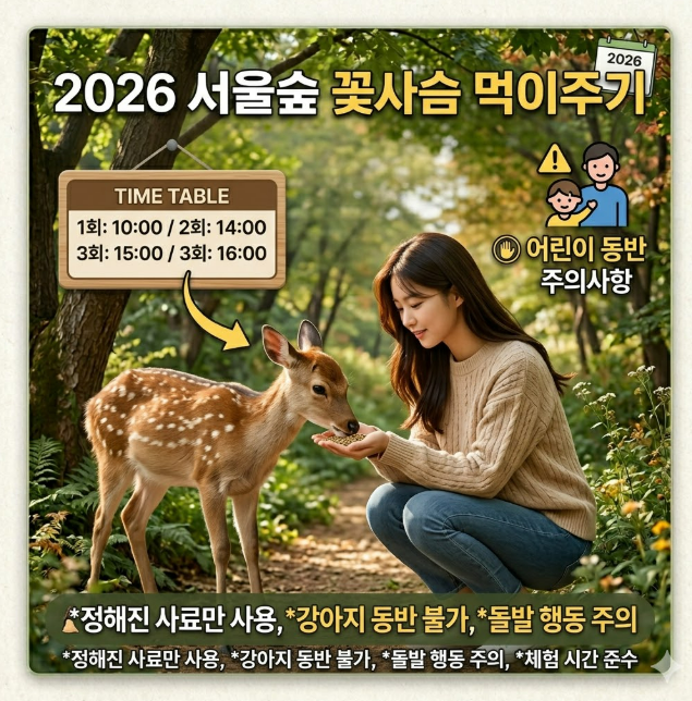 2026 서울숲 꽃사슴 먹이주기 체험 시간표와 어린이 동반 시 주의사항