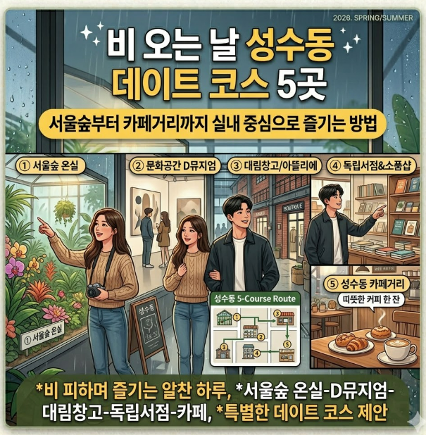 비 오는 날 성수동 데이트 코스 5곳: 서울숲부터 카페거리까지 실내 중심으로 즐기는 방법