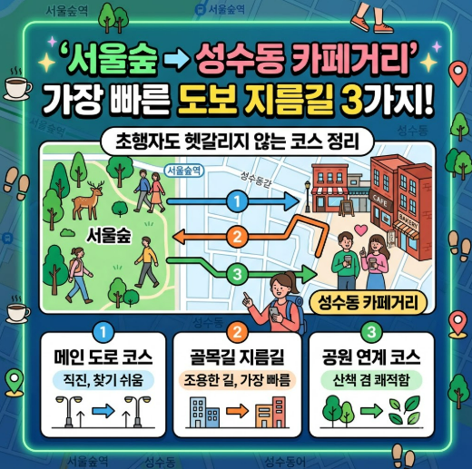 서울숲에서 성수동 카페거리까지 가장 빠른 지름길 3가지: 초행자도 헷갈리지 않는 도보 코스