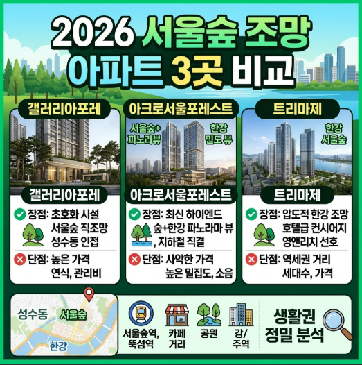 2026 서울숲 조망 아파트 3곳 비교: 갤러리아포레·아크로서울포레스트·트리마제 장단점과 생활권 분석