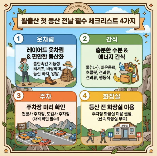 월출산 첫 등산 전날 준비 체크리스트 4가지: 옷차림, 간식, 주차, 화장실까지